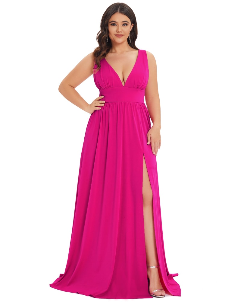 Front of a model wearing a size 24 Sleeveless V-Neck Empire Waist High Slit Floor-Length Evening Dress in Hot Pink by Ever-Pretty. | dia_product_style_image_id:295607